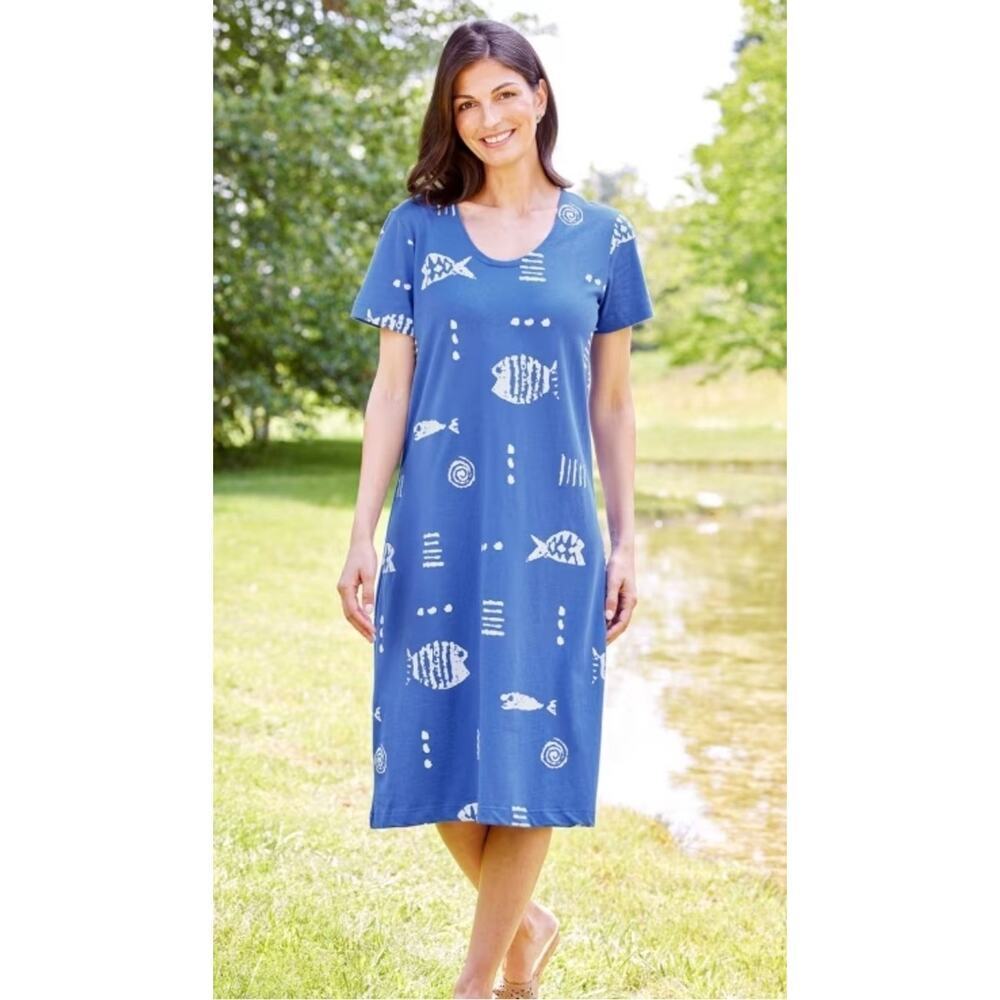 M.MAC Rock Fish Blue Cotton Midi Casual Dress Coastal Resortwear Size Small